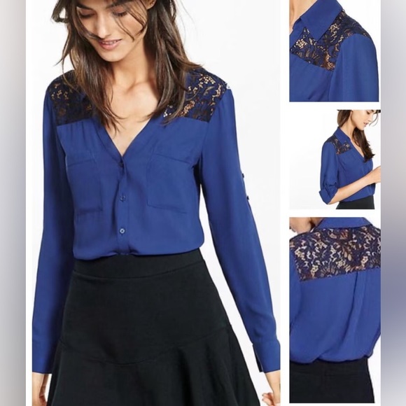 Express Lace Detail Slim Fit Yoke Blouse - Picture 7 of 8